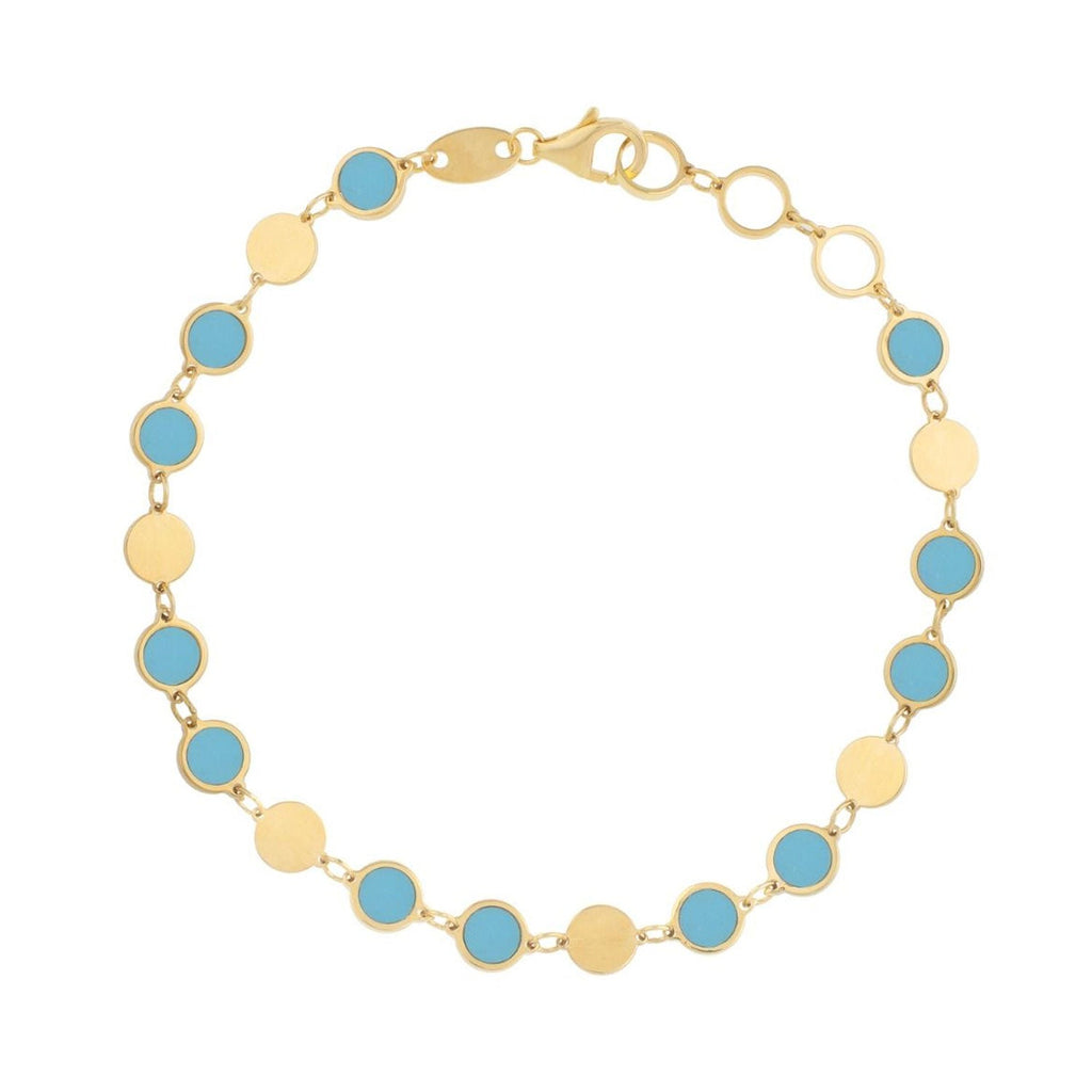 14K Yellow Gold Polished Finish 5mm Geometric & Paste of Turquoise Mirror Chain Bracelet with Pear Shaped Lobster Clasp - 7.25"