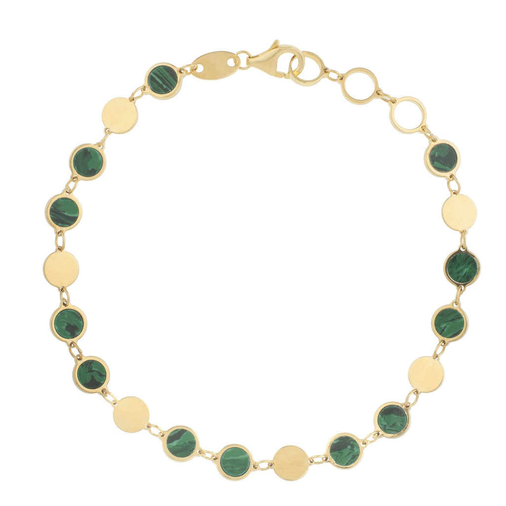 14K Yellow Gold Polished Finish 5mm Geometric and Green Malachite Gem Mirror Chain Bracelet with Pear Shaped Lobster Clasp - 7.25"