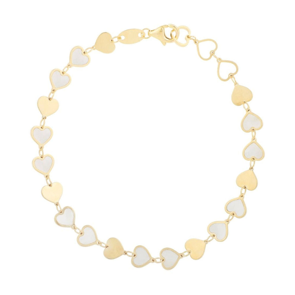 14K Yellow Gold Polished Finish 6mm Heart & Mother of Pearl Mirror Chain Bracelet with Pear Shaped Lobster Clasp - 7.25"