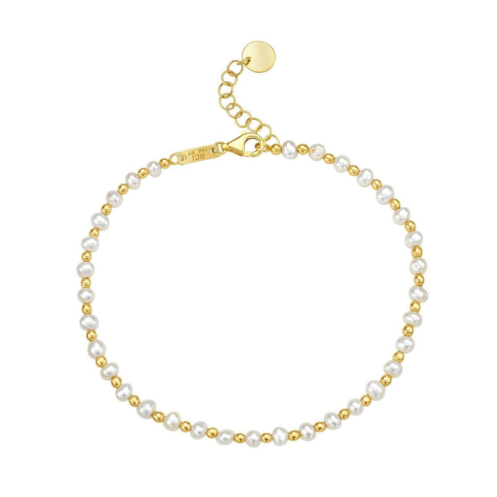 14K Yellow Gold Polished Finish 3-4mm Pearl Bead Chain Bracelet with Pear Shaped Lobster Clasp - 8"