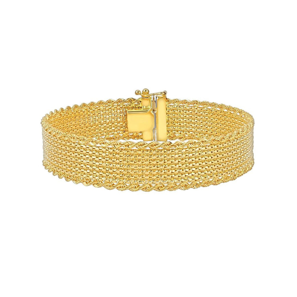 14K Yellow Gold Diamond Cut/ Textured Finish Fancy Mesh Cleopatra Chain Bracelet wth Box -1 side push Clasp - 7.5"