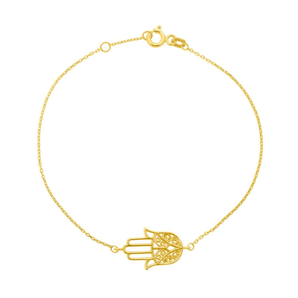 14K Yellow Gold Polished Finish 11.2mm Diamond Cut Hamsa Bracelet - 7" with jump ring at 6.75."