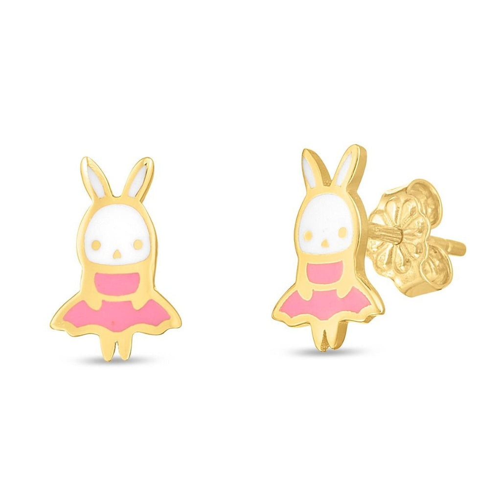 JewelStop 14K Yellow Gold Polished Finish Bunny Enamel Stud Earrings with Push Back Clasp