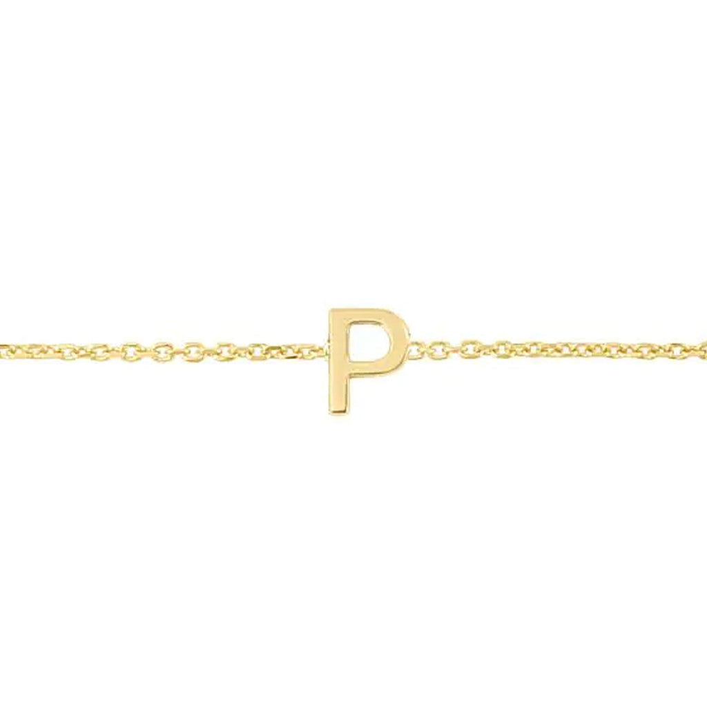 JewelStop 14k Yellow Gold Polished Finish Mini Initial P Bracelet with Spring Ring - 7"