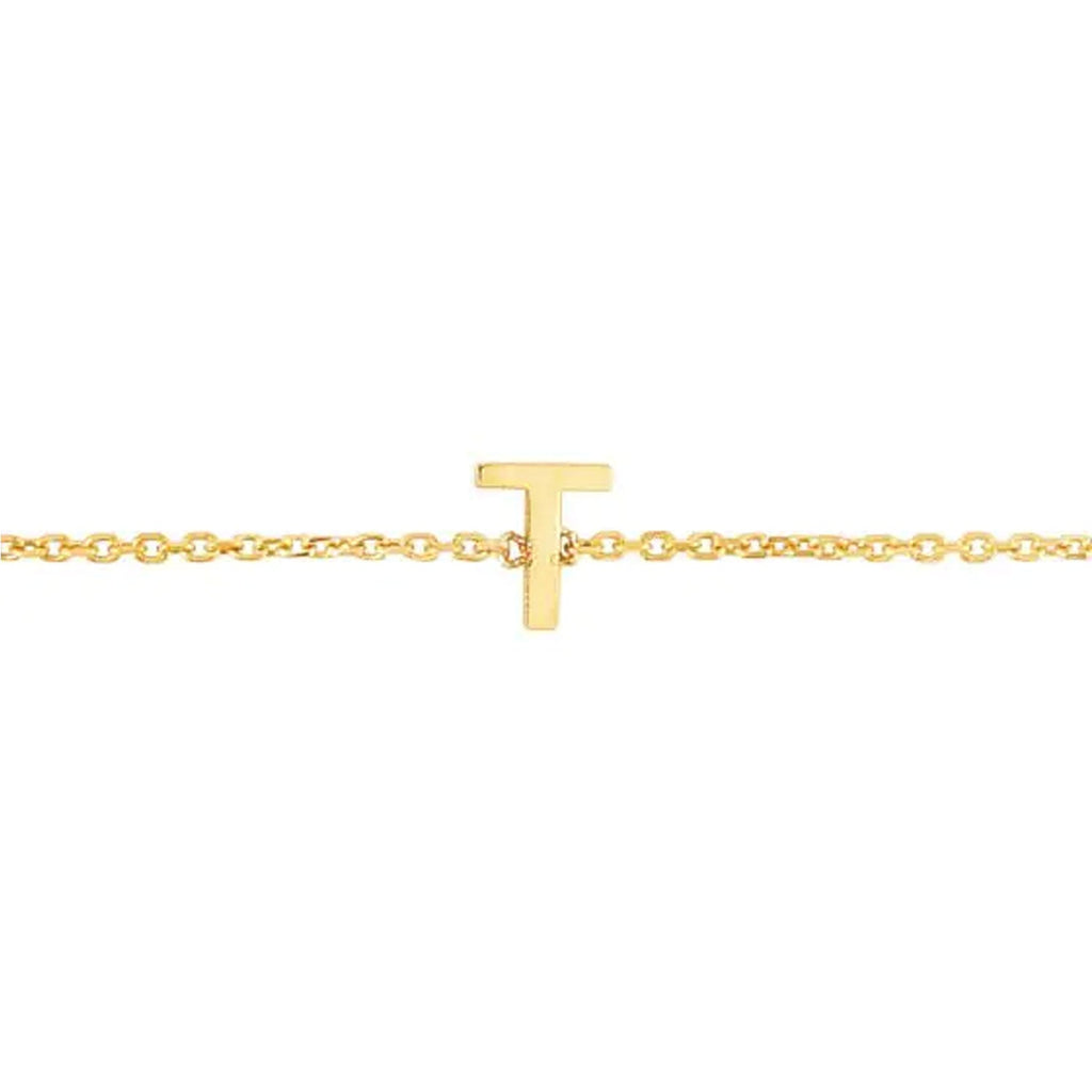 JewelStop 14k Yellow Gold Polished Finish Mini Initial T Bracelet with Spring Ring - 7"