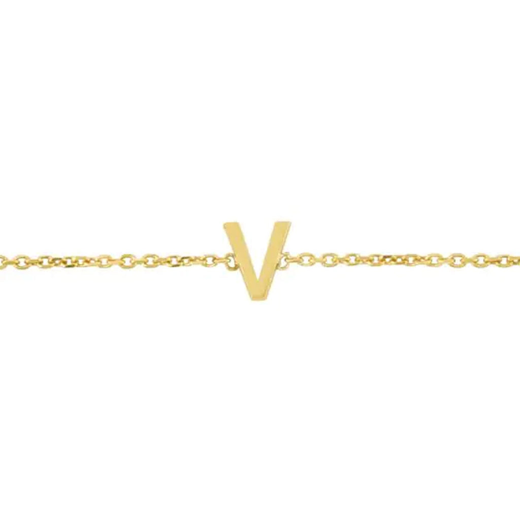 JewelStop 14k Yellow Gold Polished Finish Mini Initial V Bracelet with Spring Ring - 7"