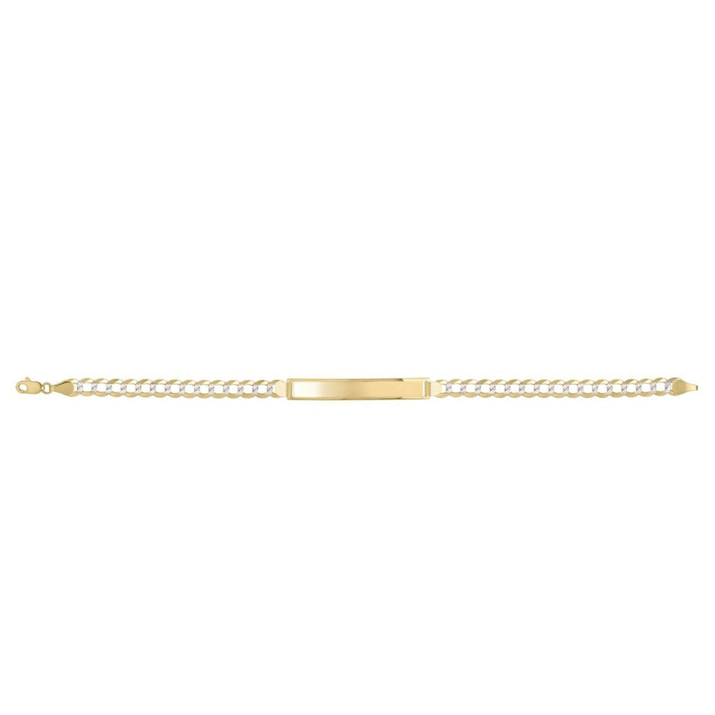 14K Yellow Gold Diamond Cut/ Textured Finish 5.7mm Pave Curb ID Chain Bracelet with Lobster Clasp - 7"