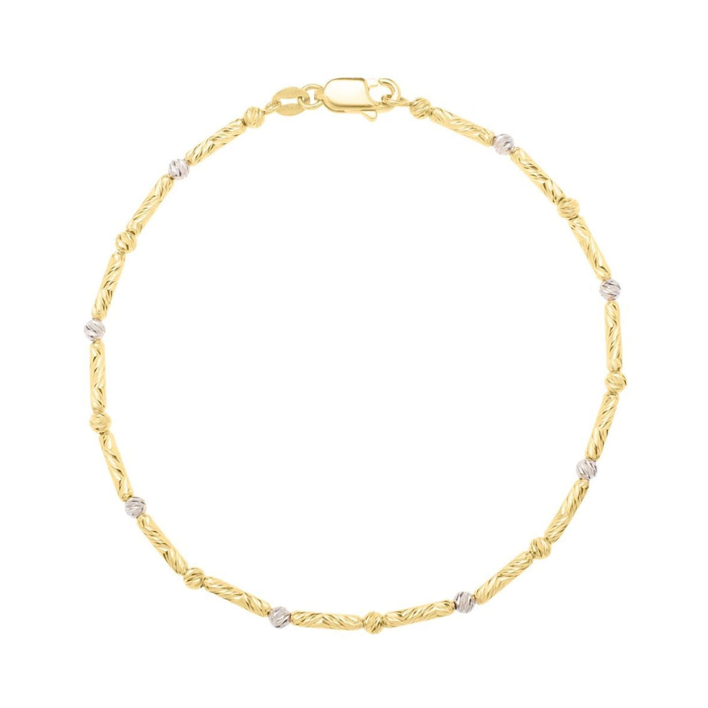 14K Two-Tone Gold Diamond Cut/ Textured Finish 1.7mm Bead & Bar Chain Bracelet with Lobster Clasp - 7.25"