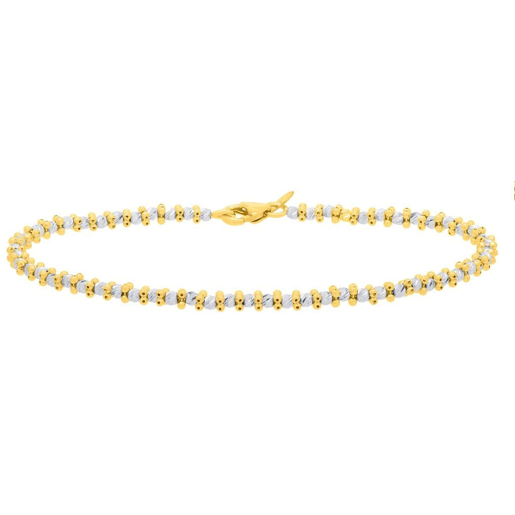 14K Two-tone Gold Diamond Cut/ Textured Finish Pallina Bead Fancy Chain Bracelet with Lobster Clasp - 7"