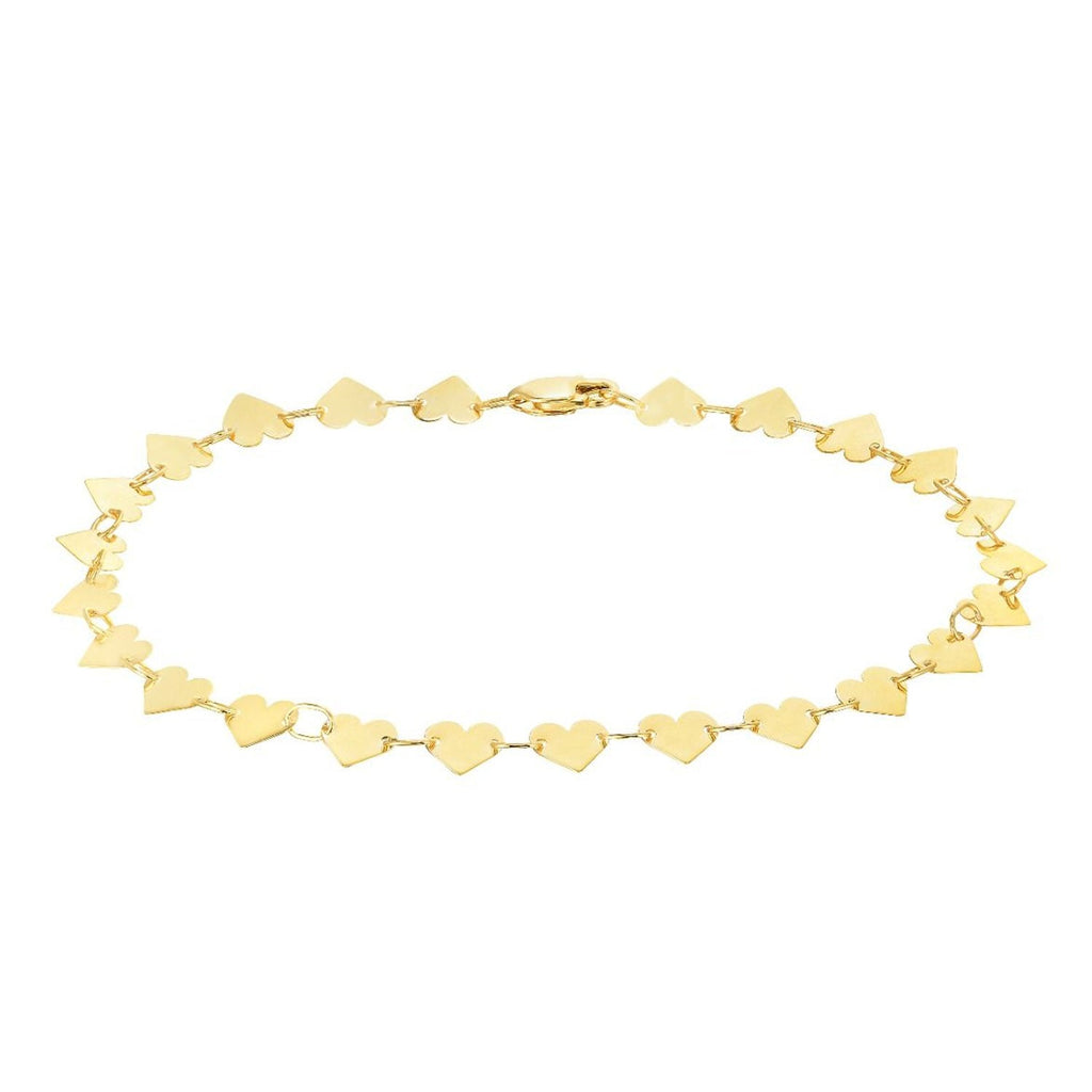 10k Yellow Gold Polished Finish 4.7mm Mirror Heart Chain Bracelet with Lobster Clasp - 7.25"