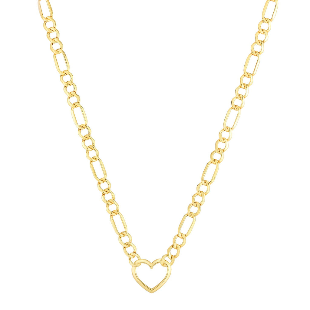 JewelStop 10k Yellow Gold Polished Finish Figaro Chain Heart Chain Necklace, Lobster Clasp - 18" 