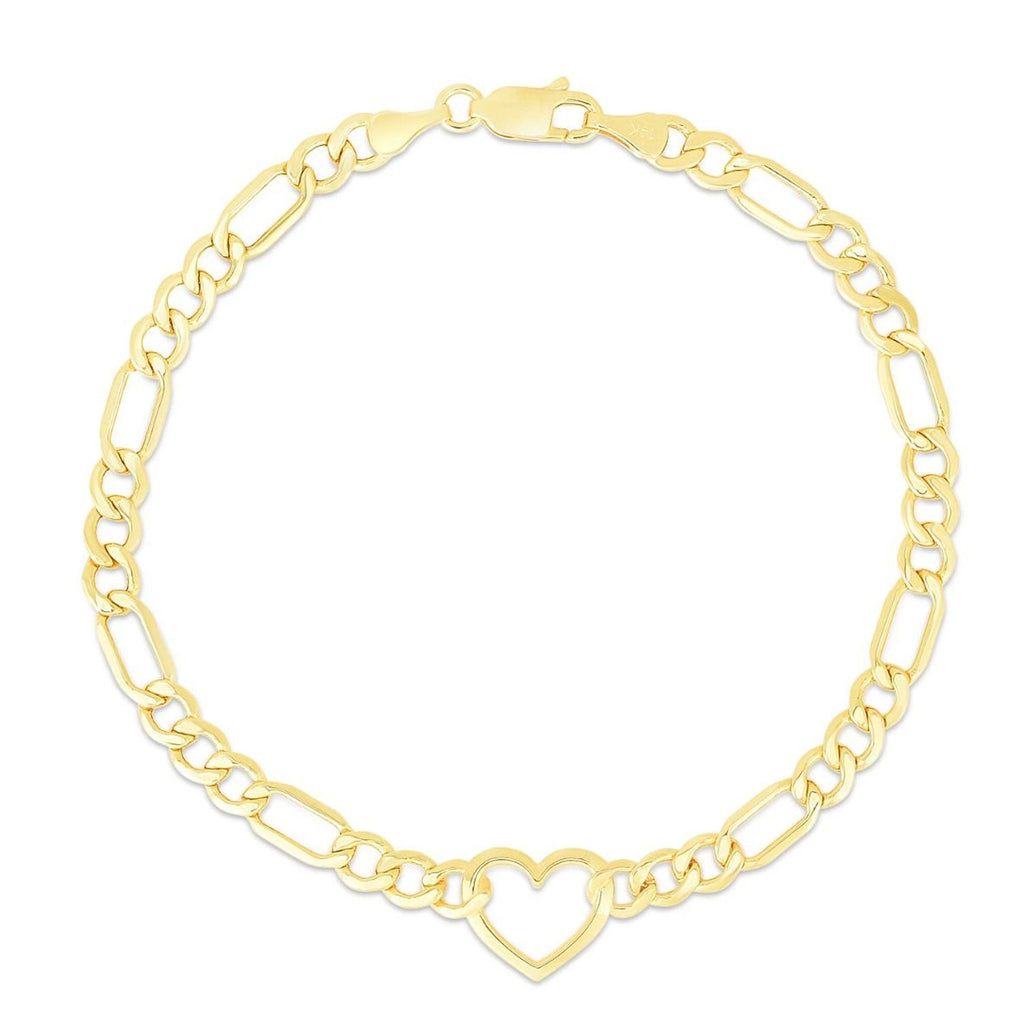 10k Yellow Gold Polished Finish Heart Figaro Chain Bracelet with Lobster Clasp - 7"