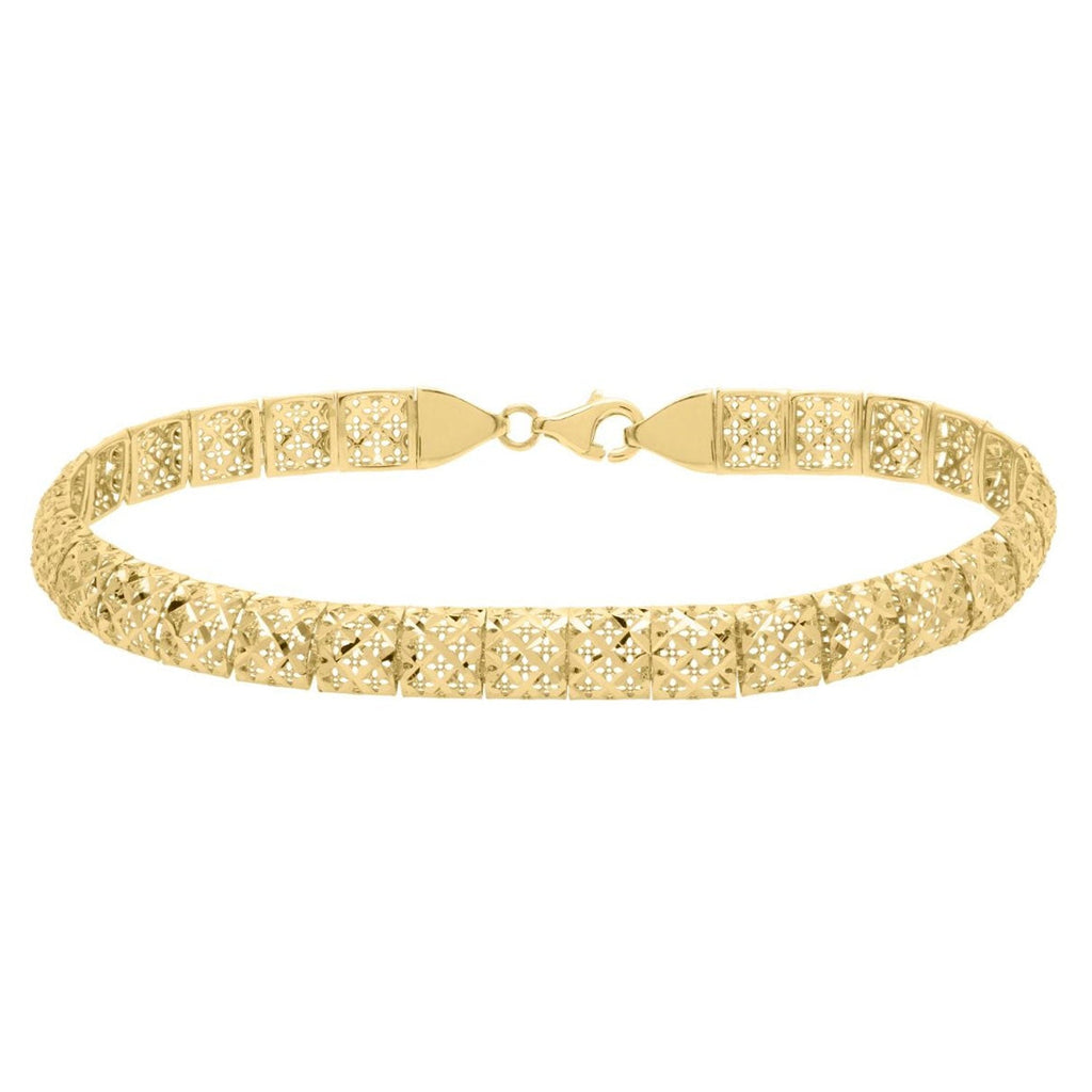 10K Yellow Gold Diamond Cut/ Textured 6.2mm Square Link Chain Bracelet with Lobster Clasp - 7.25"