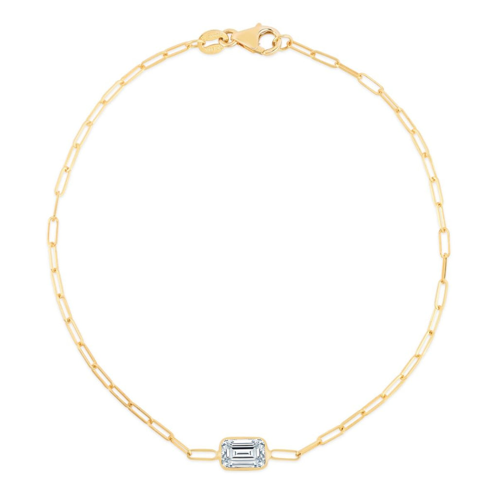 JewelStop 14K Yellow Gold Polished Finish 1.5mm 6x4 baguette White Topaz Gemstone Paperclip Bracelet with Lobster Clasp - 7"