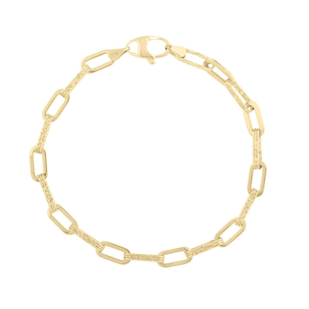 JewelStop 14K Yellow Gold Diamond Cut/ Textured Finish 4mm Diamanté Paperclip Chain Bracelet with Lobster Clasp - 7.25"