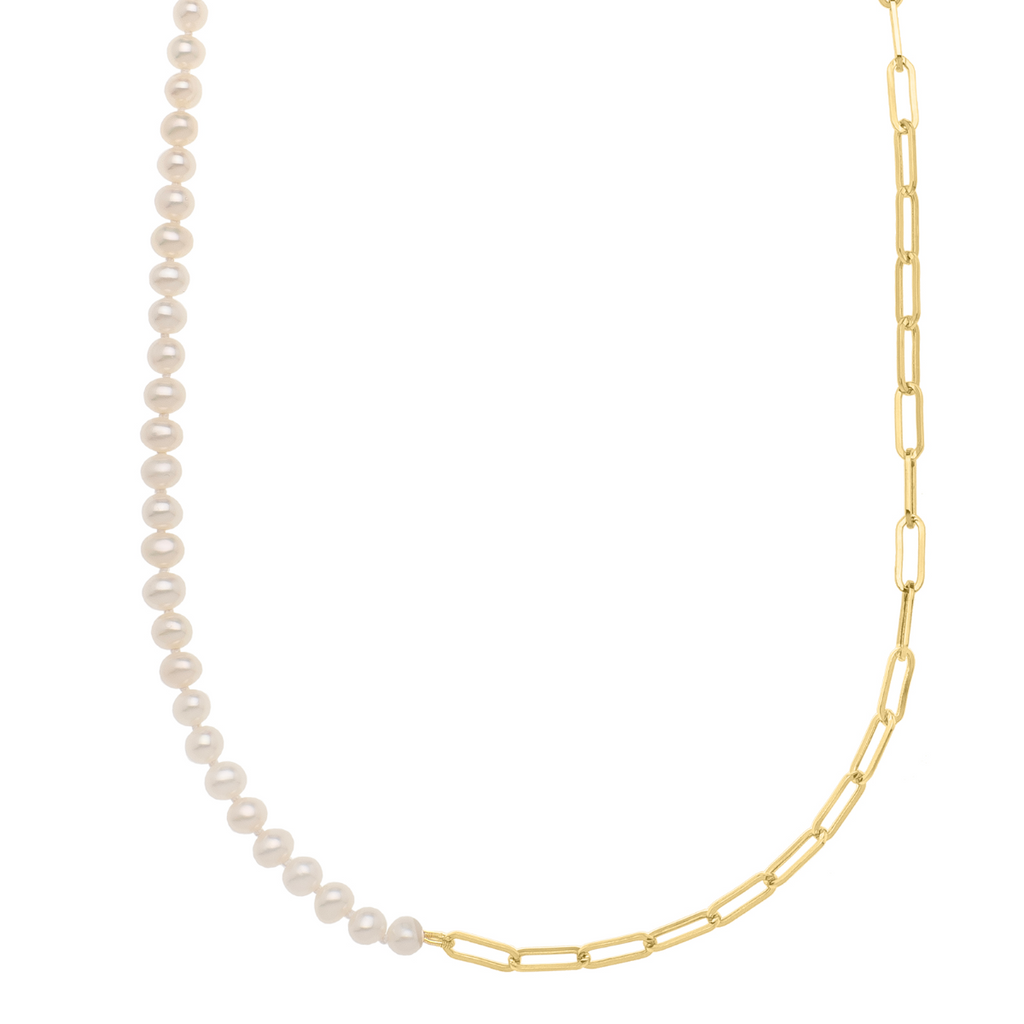 JewelStop 14K Yellow Gold Polished Finish 5mm Pearl & Lite Paperclip Link Necklace with Lobster Clasp - 18" 