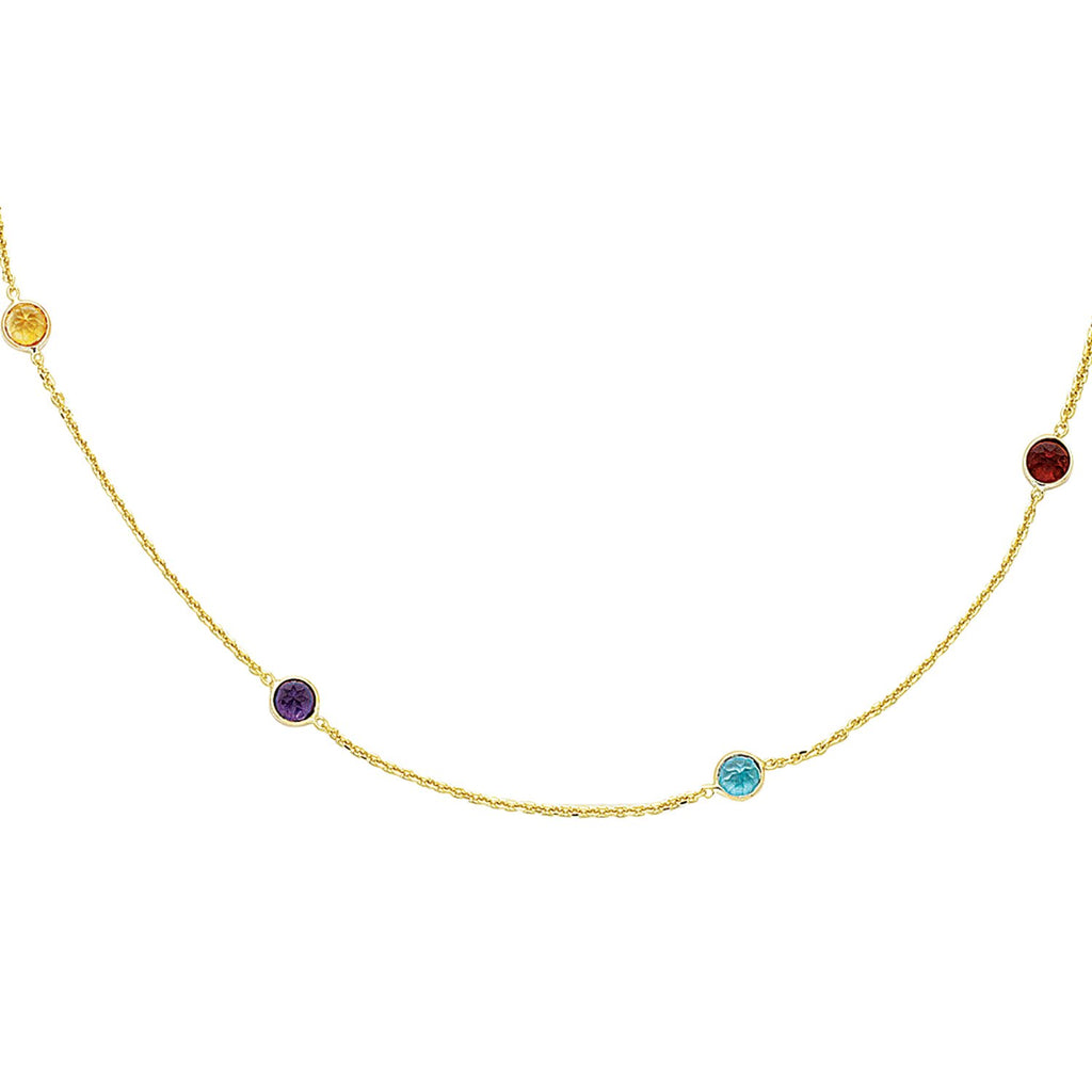 14k Yellow Gold Multi Color Round Faceted Semi Precious Stones Station Chain 16" - JewelStop1
