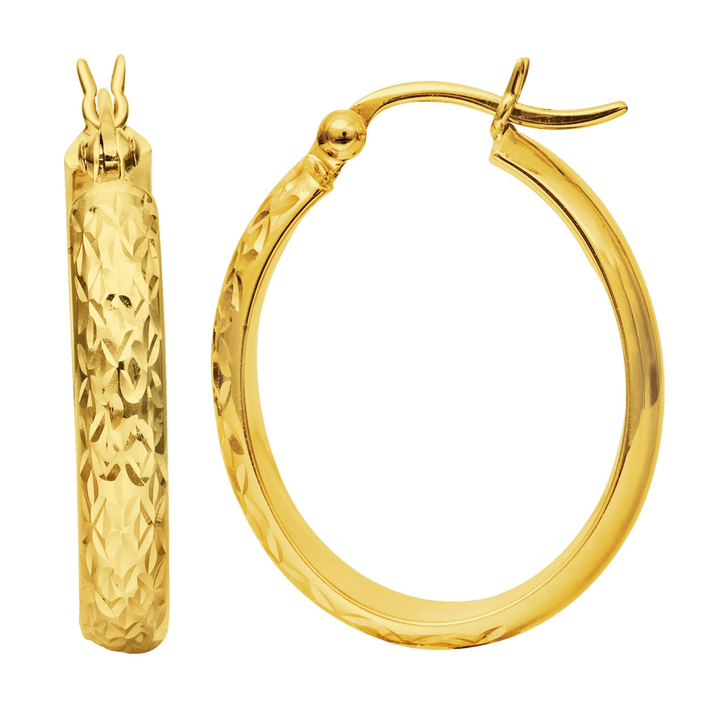 10K Yellow Gold Shiny Oval Diamond Cut Sparkle Hoop Earrings 4mm - JewelStop1