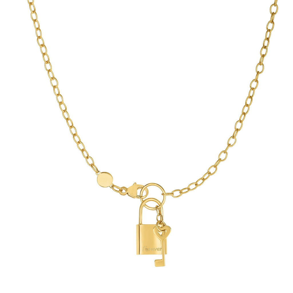 14k Shiny Yellow Gold Forever Lock And Key Elements On Link Chain Necklace - 18" - JewelStop1