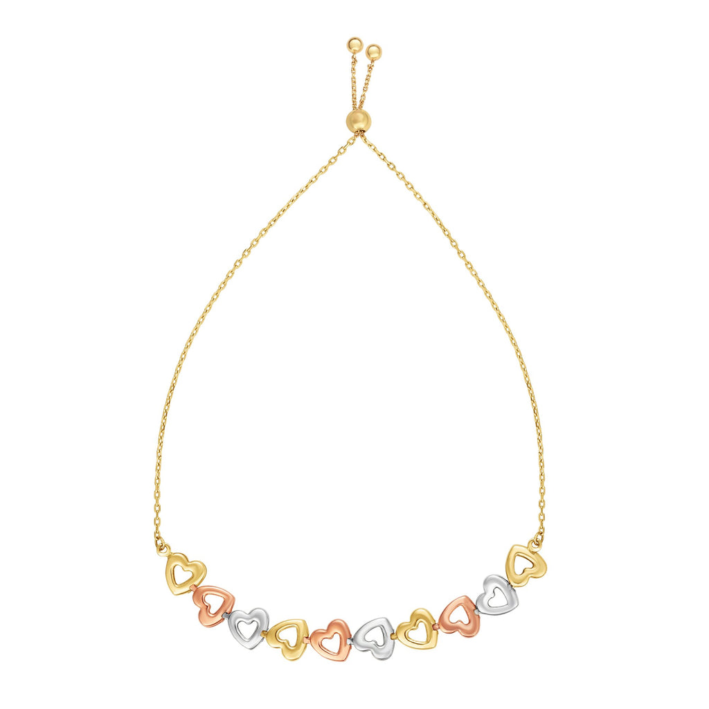 14k Tri Color Gold Center Heart Elements Adjustable Cable Chain Bracelet - 9.25" - JewelStop1