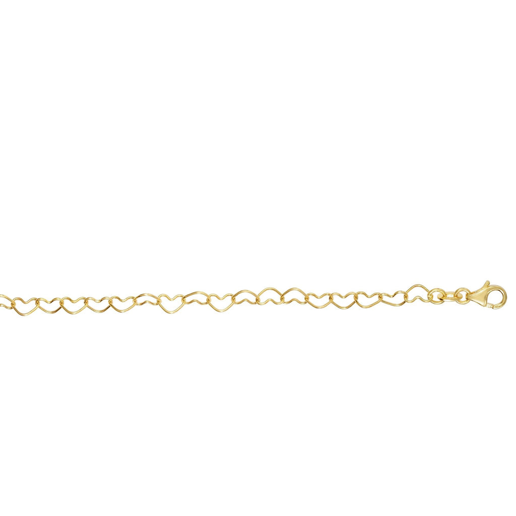 14k Yellow Gold Shiny Open Heart Link Bracelet, Lobster Clasp - 7.5" - JewelStop1