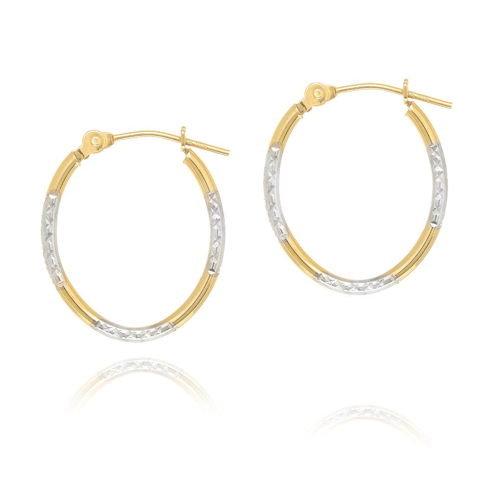 14K Yellow White Gold Oval Diamond-Cut Hoop Earrings - JewelStop1