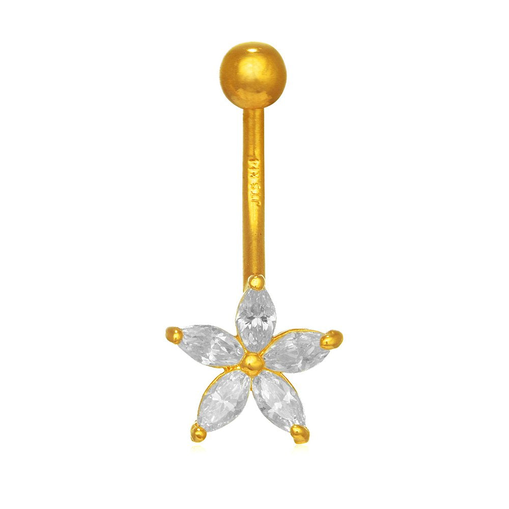 14k Real White Or Yellow Gold Belly Button Flower CZ Navel Ring Body Jewelry - JewelStop1