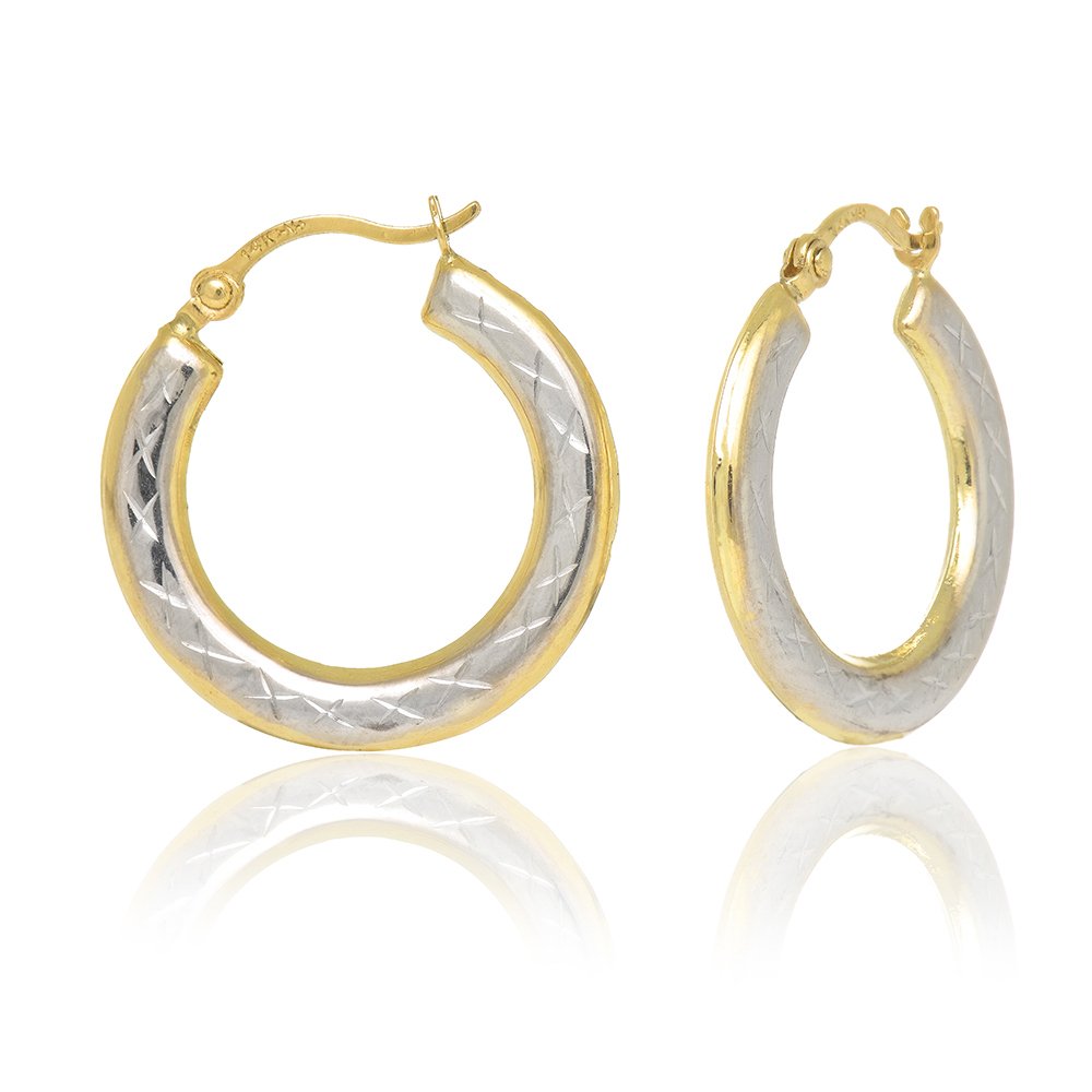 14K Yellow White Gold Round Fancy X Diamond-Cut Hoop Earrings - JewelStop1