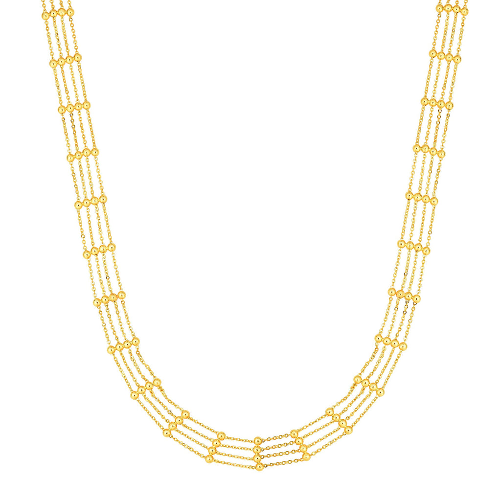 14k Shiny Yellow Gold Multi Stranded Bead Chain Adjustable Choker Necklace16-14" - JewelStop1