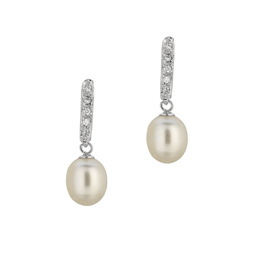 Sterling Silver Rhodium Finish White Pearl Cubic Zirconia Earrings 8x24mm - JewelStop1