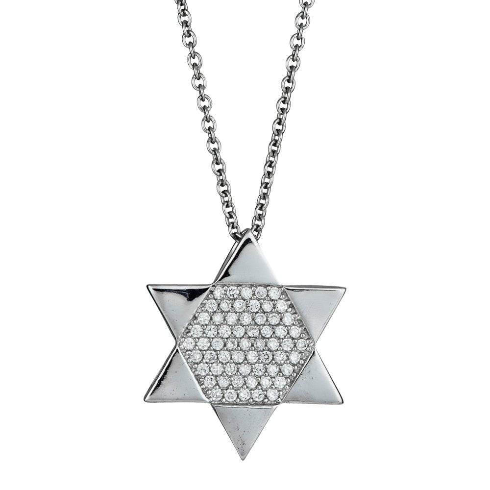 925 Sterling Silver Star Of David Micro Pave CZ Charm Jewish Pendant Necklace 18 - JewelStop1