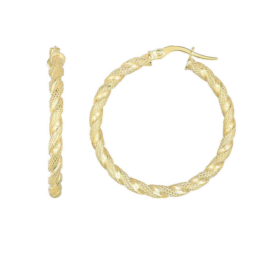 14k Textured Yellow Gold Hoop Earrings - 2.5 X 30mm - JewelStop1