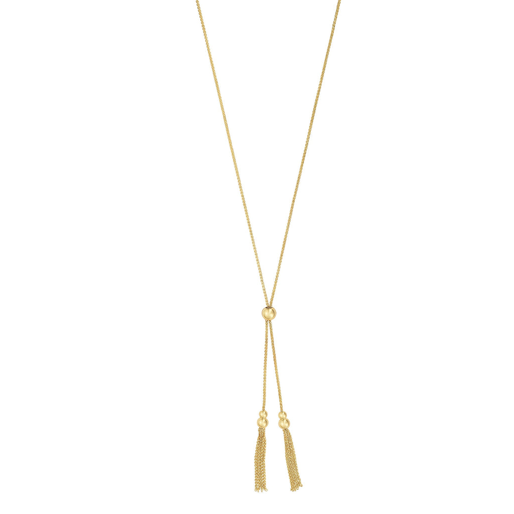 14k Yellow Gold Shiny Adjustable Wheat Chain Necklace With Beads And Tassels - JewelStop1