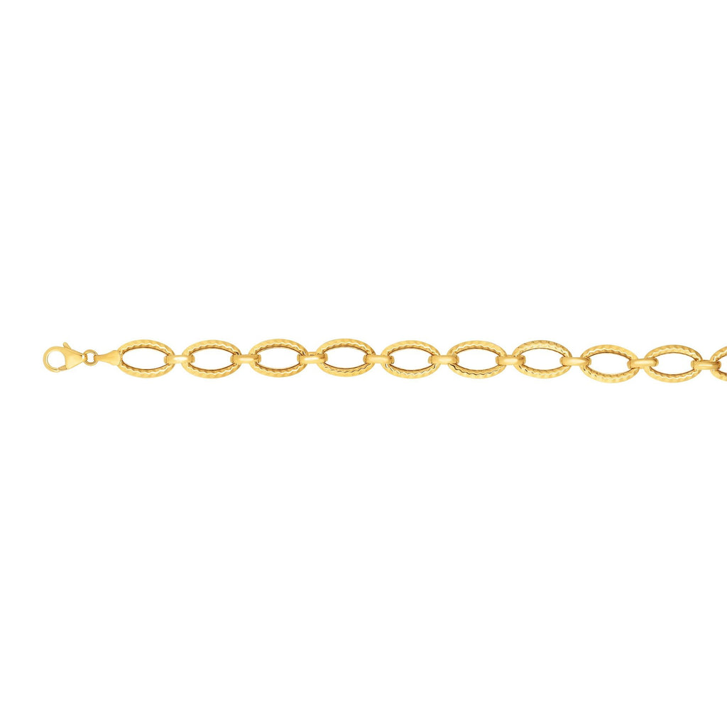 14k Yellow Gold Shiny And Diamond-Cut Oval Shape Fancy Link Bracelet - 7.25" - JewelStop1