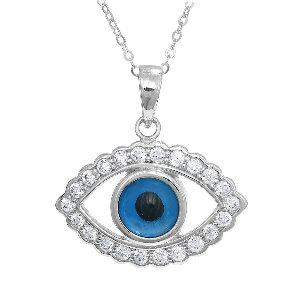 925 Sterling Silver CZ Evil Eye Jewish Kabbalah Pendant Charm Necklace 18" Large - JewelStop1
