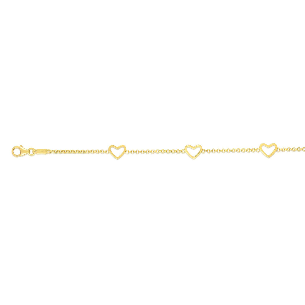 14K Yellow Gold Element:6x5mm Shiny Fancy Stationed Heart Bracelet Lobster Clasp - JewelStop1