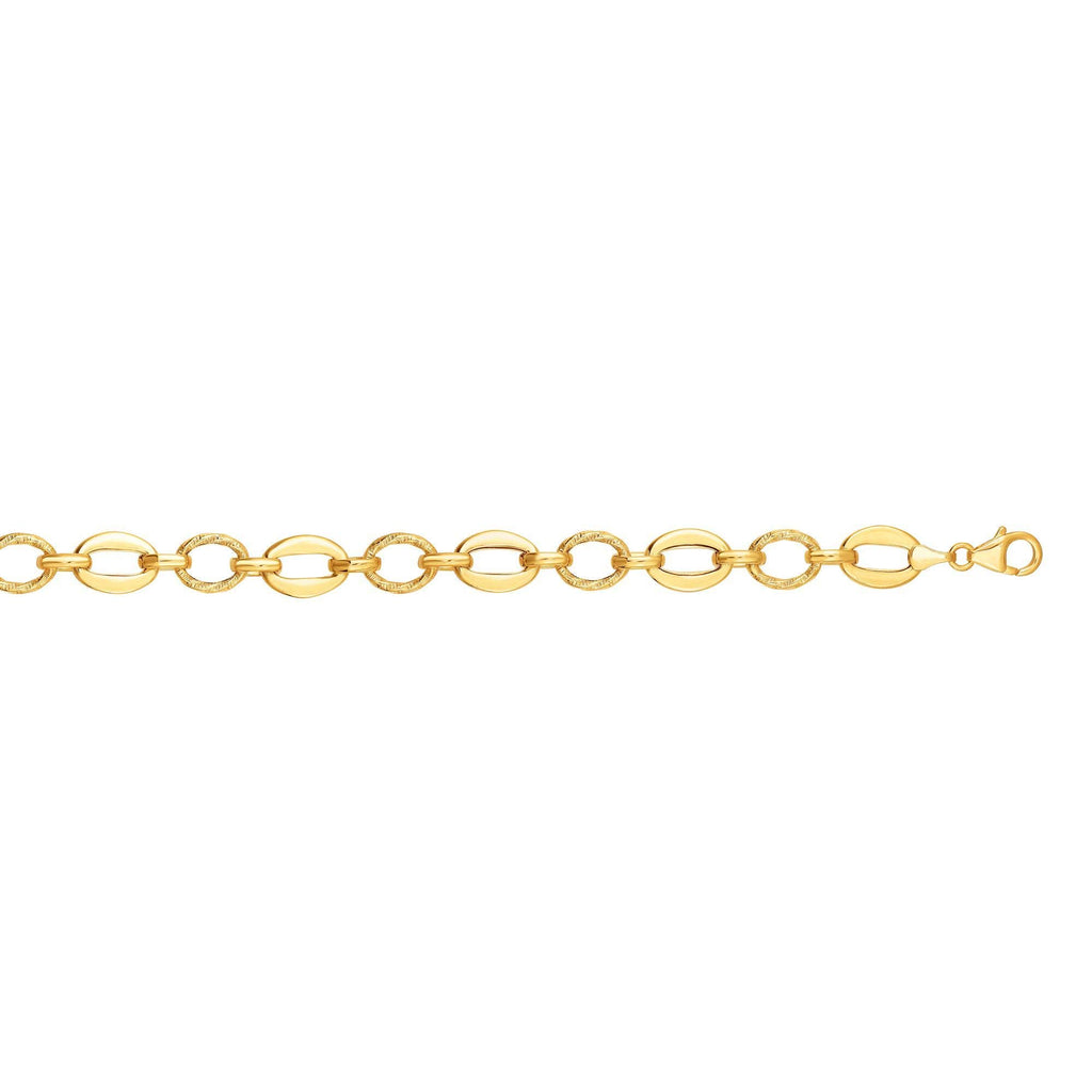 14K Gold Yellow 8.3mm Shiny Textured Oval Fancy Link Bracelet, Lobster Clasp - JewelStop1
