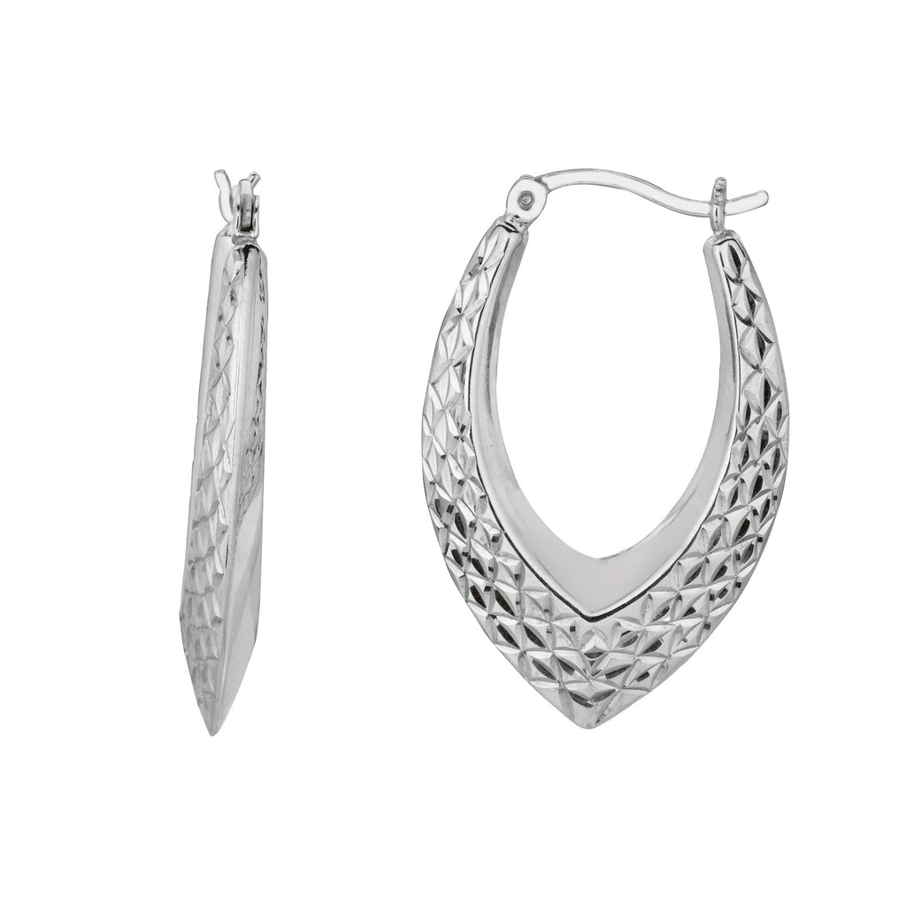 Sterling Silver Rhodium Finish Diamond-Cut Oval Hoop Earrings - 34 x 5 mm - JewelStop1