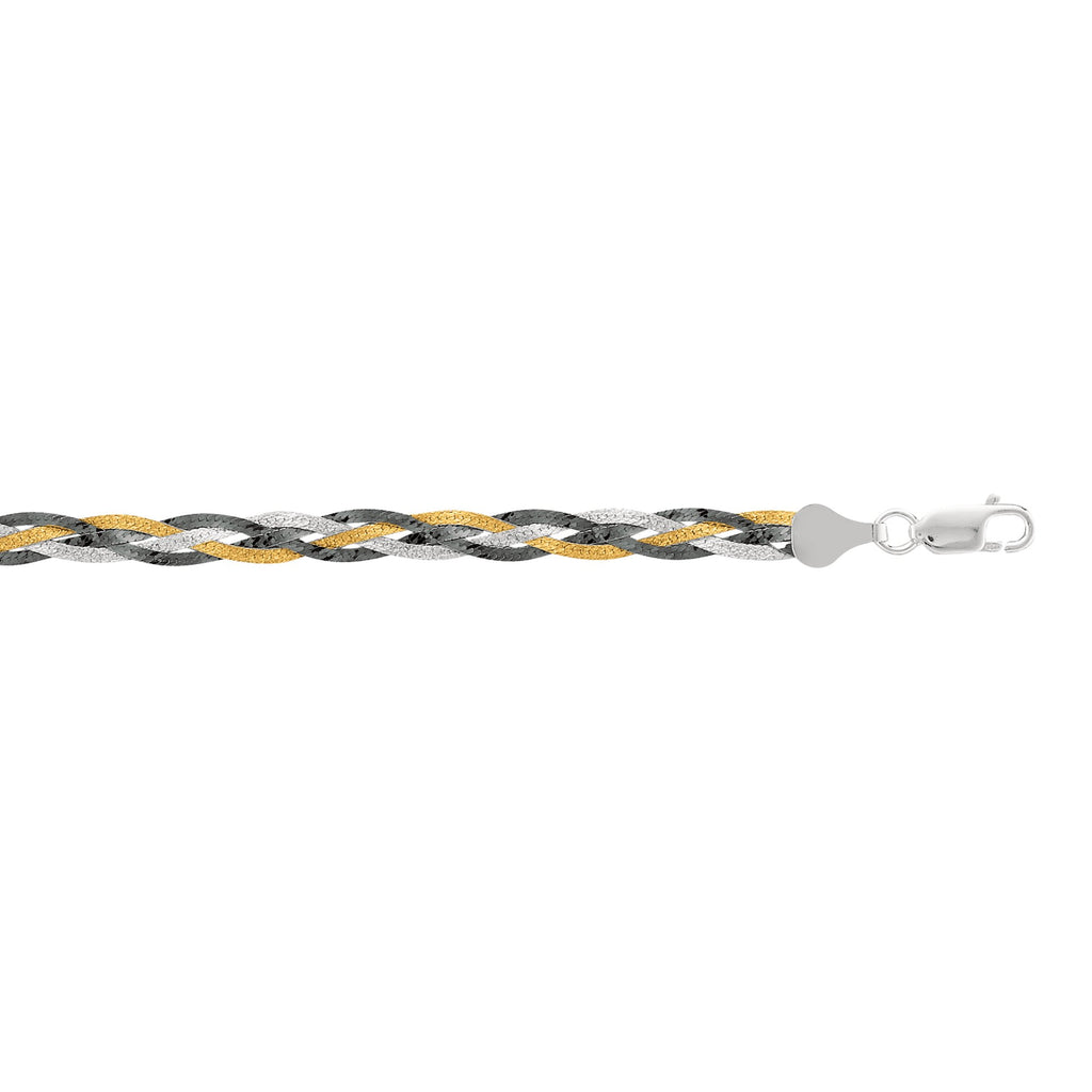 925 Sterling Silver Black Yellow Shiny Tri-Color Weaved Anklet Bracelet 10" - JewelStop1