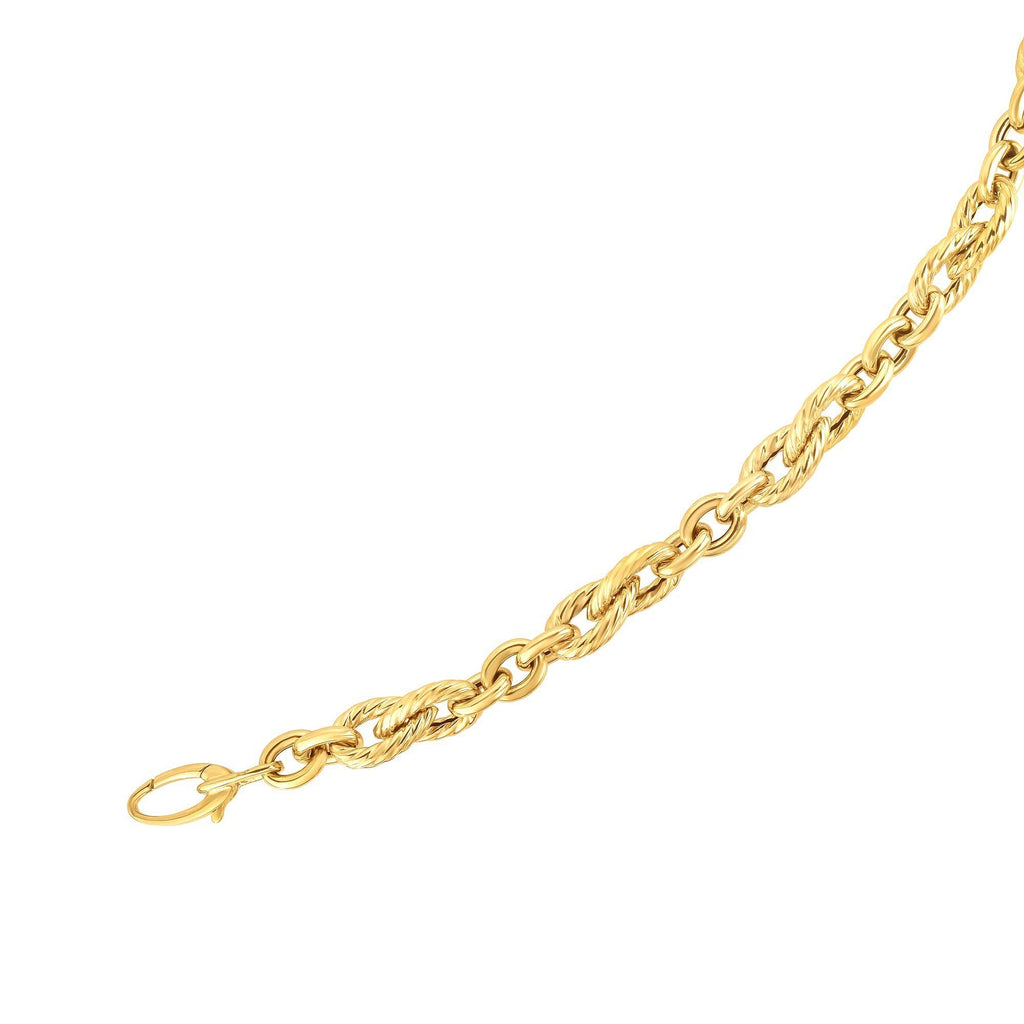 Designer 14K Yellow Gold 9mm Shiny Textured Oval Link Bracelet, Lobster Clasp 7.5" - JewelStop1