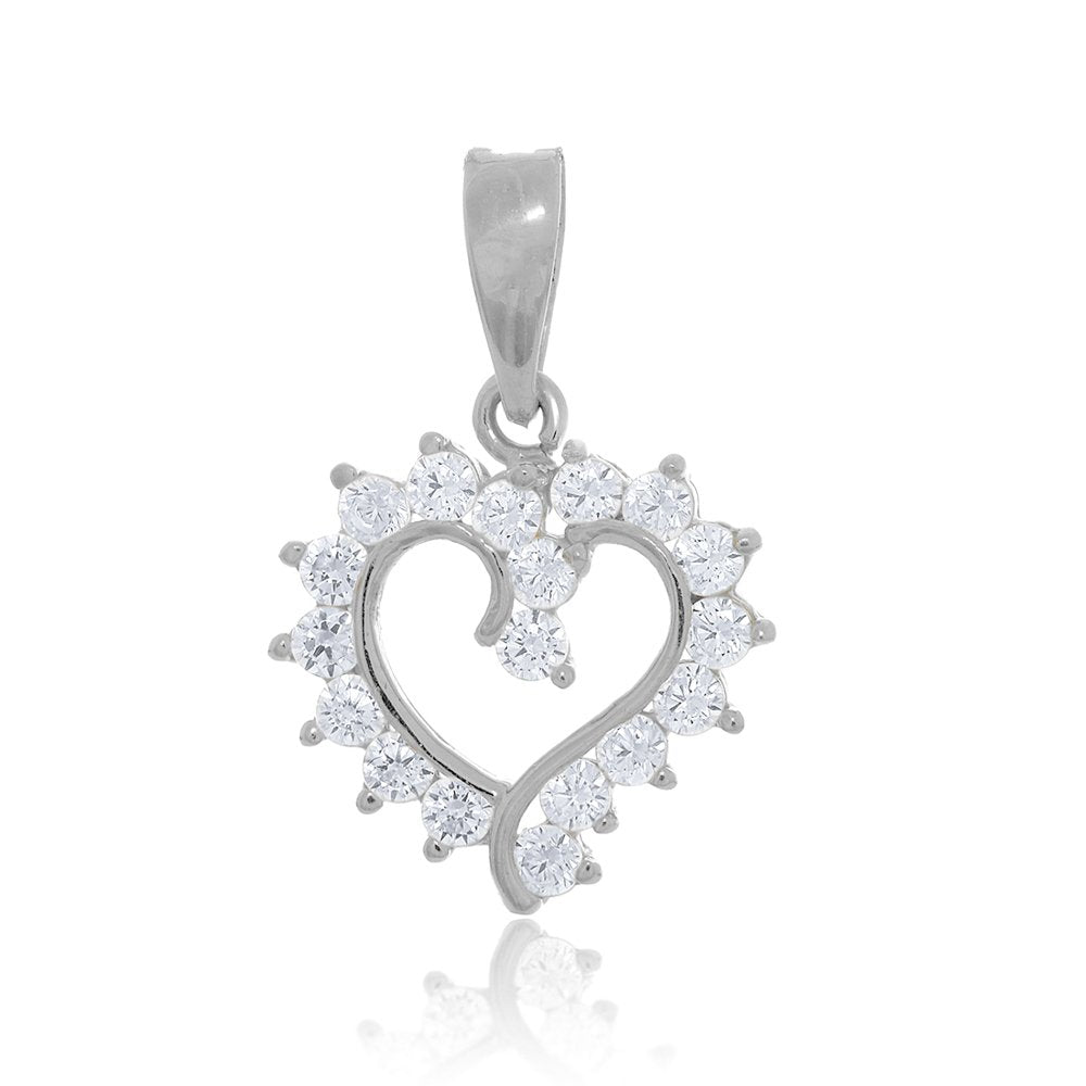14K Solid White Gold Open Heart CZ Pendant Cubic Zirconia Love Charm - JewelStop1