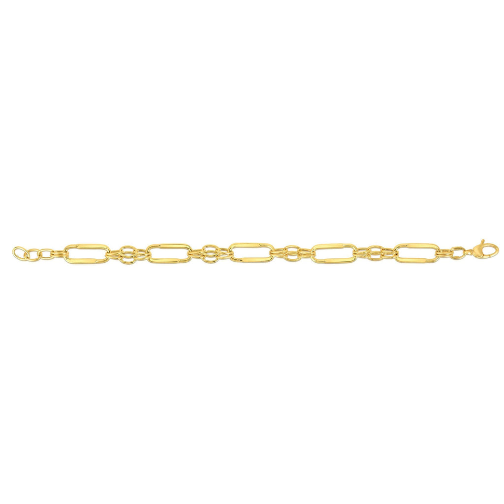 14K Gold Yellow 8.2mm Shiny Oval Fancy Link Bracelet, Lobster Clasp - JewelStop1