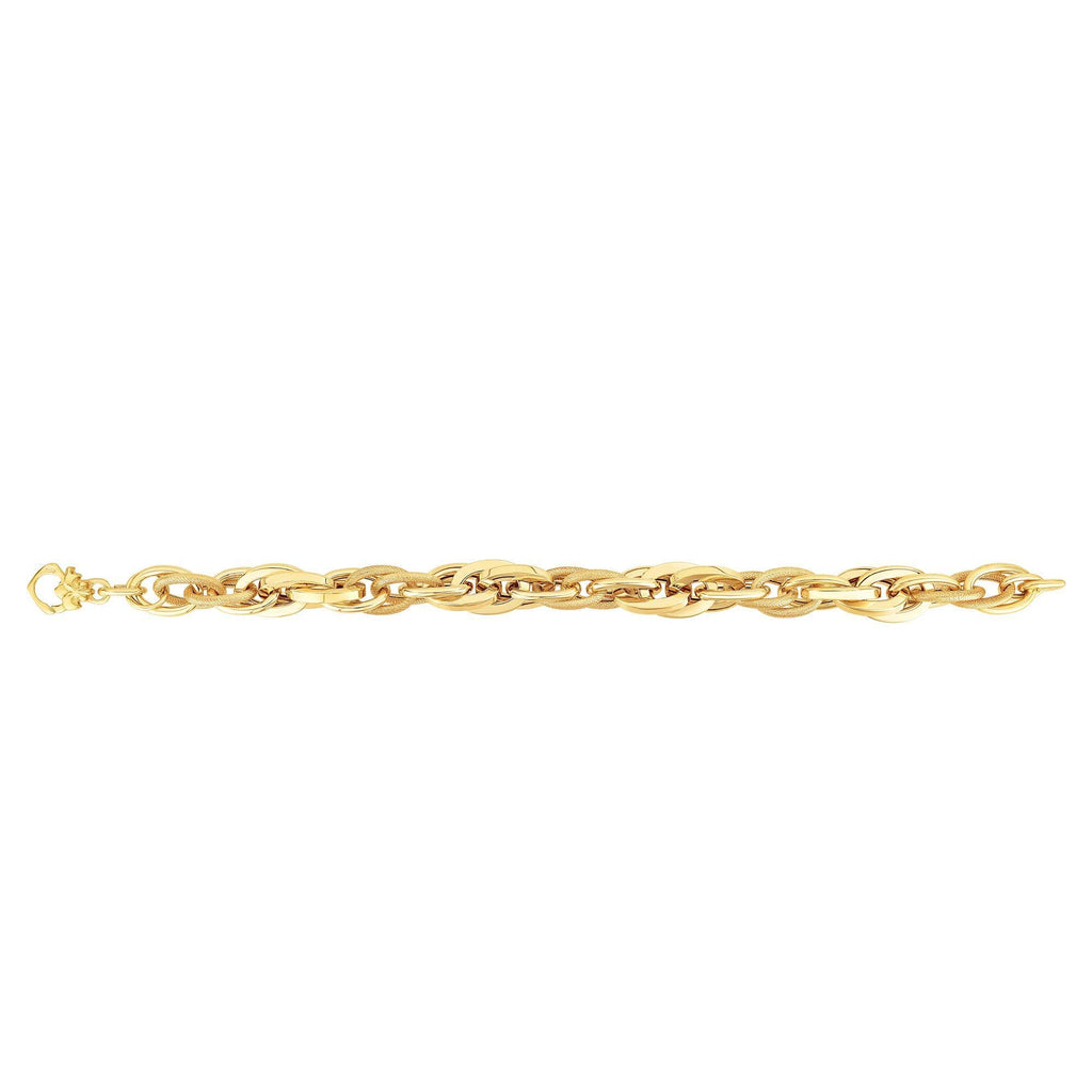 14K Yellow Gold Shiny Square Tube Multi Oval Link Textured Oval Link Bracelet - JewelStop1