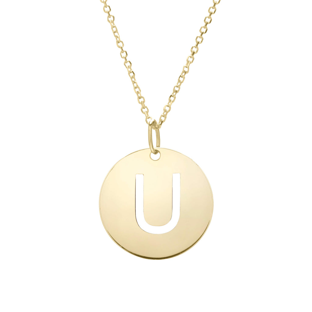 14k Yellow Gold 15mm Initial-U Pendant, 18" 0.8mm Extendable Classic Cable Chain - JewelStop1