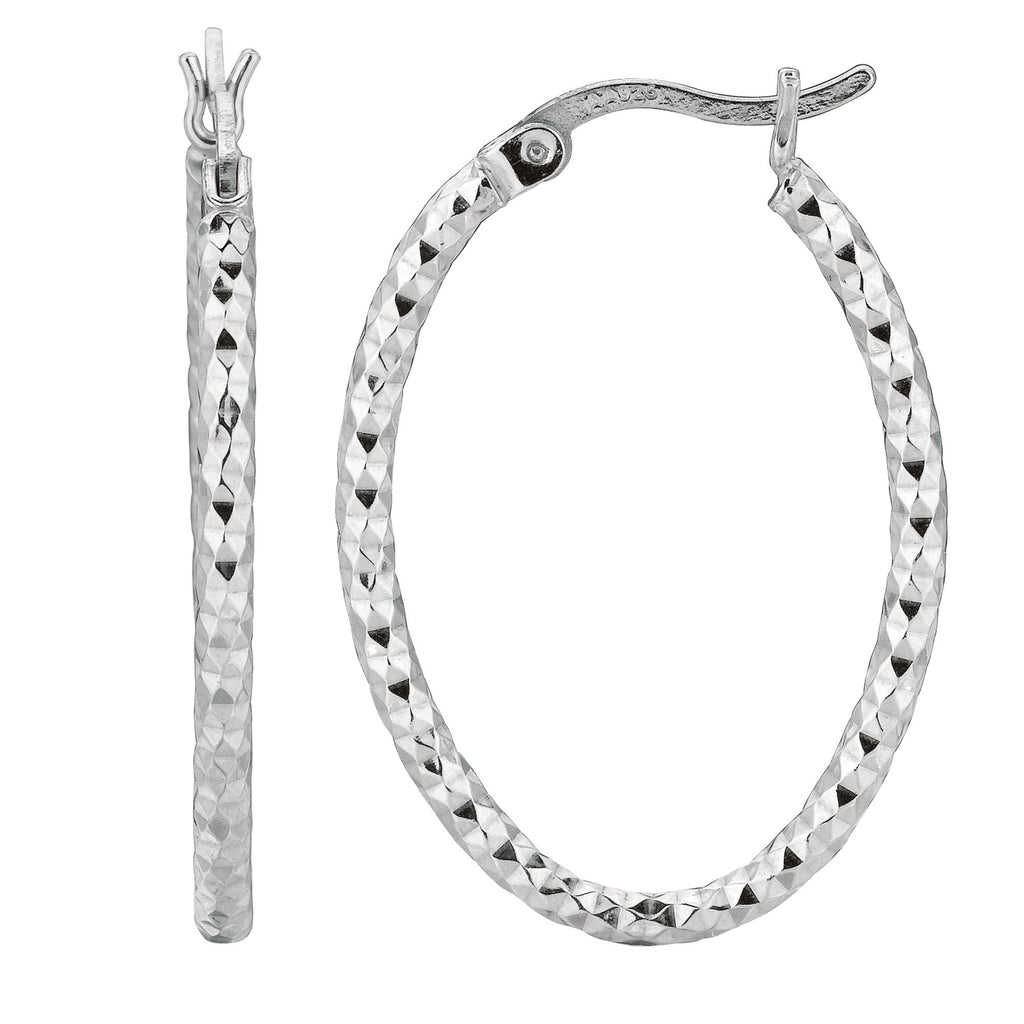 Sterling Silver 29mm X 21mm Oval Faceted Hoop Earrings - JewelStop1