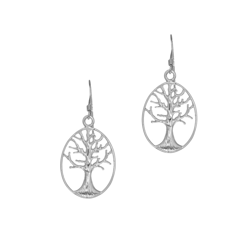 Sterling Silver Rhodium Finish Tree Of Life Drop Earrings, Shepherd Hook 18mm - JewelStop1
