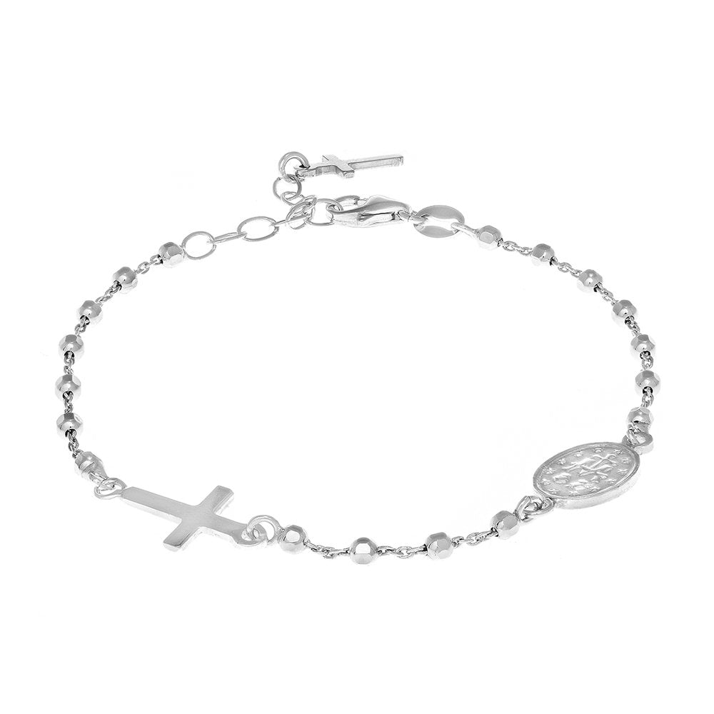 925 Sterling Silver Rosary Beads Cross Bracelet Adjustable 7" Lobster Claw - JewelStop1