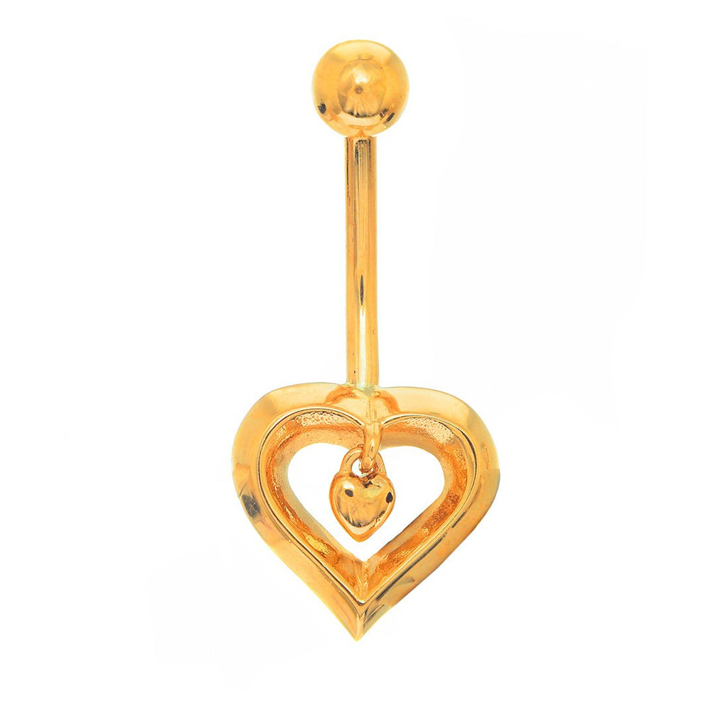 14K Solid Yellow Gold Dangle Heart Belly Button Navel Ring Body Jewelry - JewelStop1