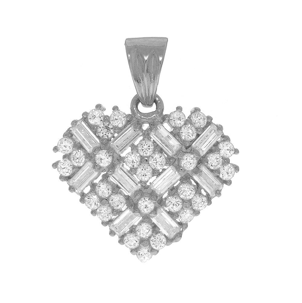 14K Solid White Gold Love Heart CZ and Baguette Cubic Zirconia Charm Pendant - JewelStop1