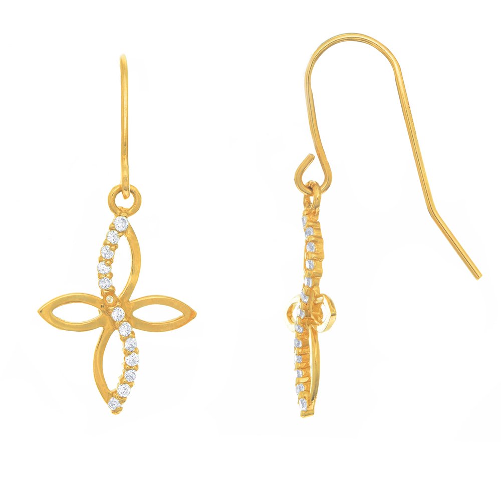 14k Solid yellow Gold CZ Cross Religious Infinity Sheperd Hook Wire Earrings - JewelStop1